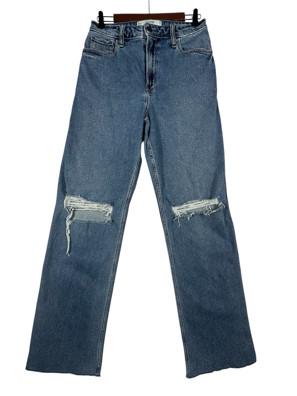 Hollister Ultra High Rise Dad Distressed Jeans Straight Leg Raw Hem Sz 28 Long